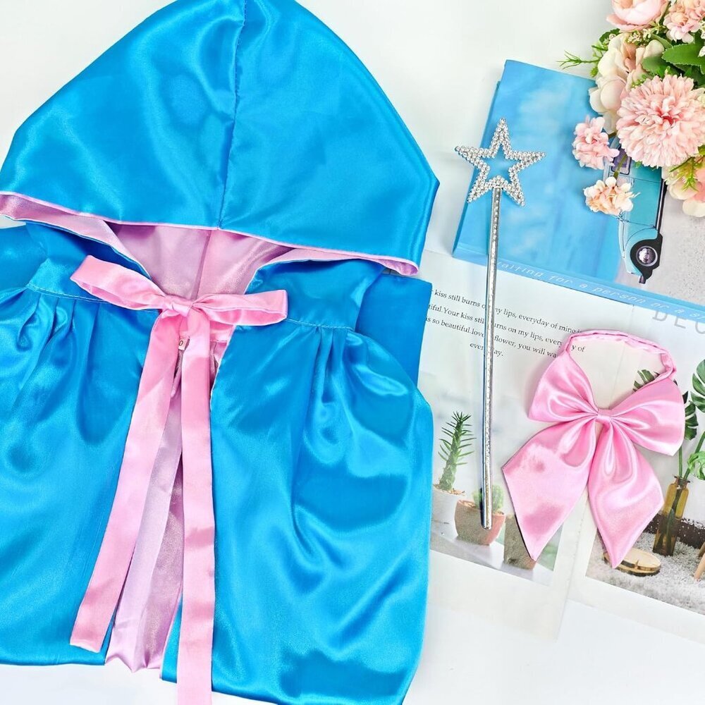 Fairy Godmother Costume Set Fairy Accessories Blue Hooded Cape Bow Tie Star Wand - Picture 4 of 6